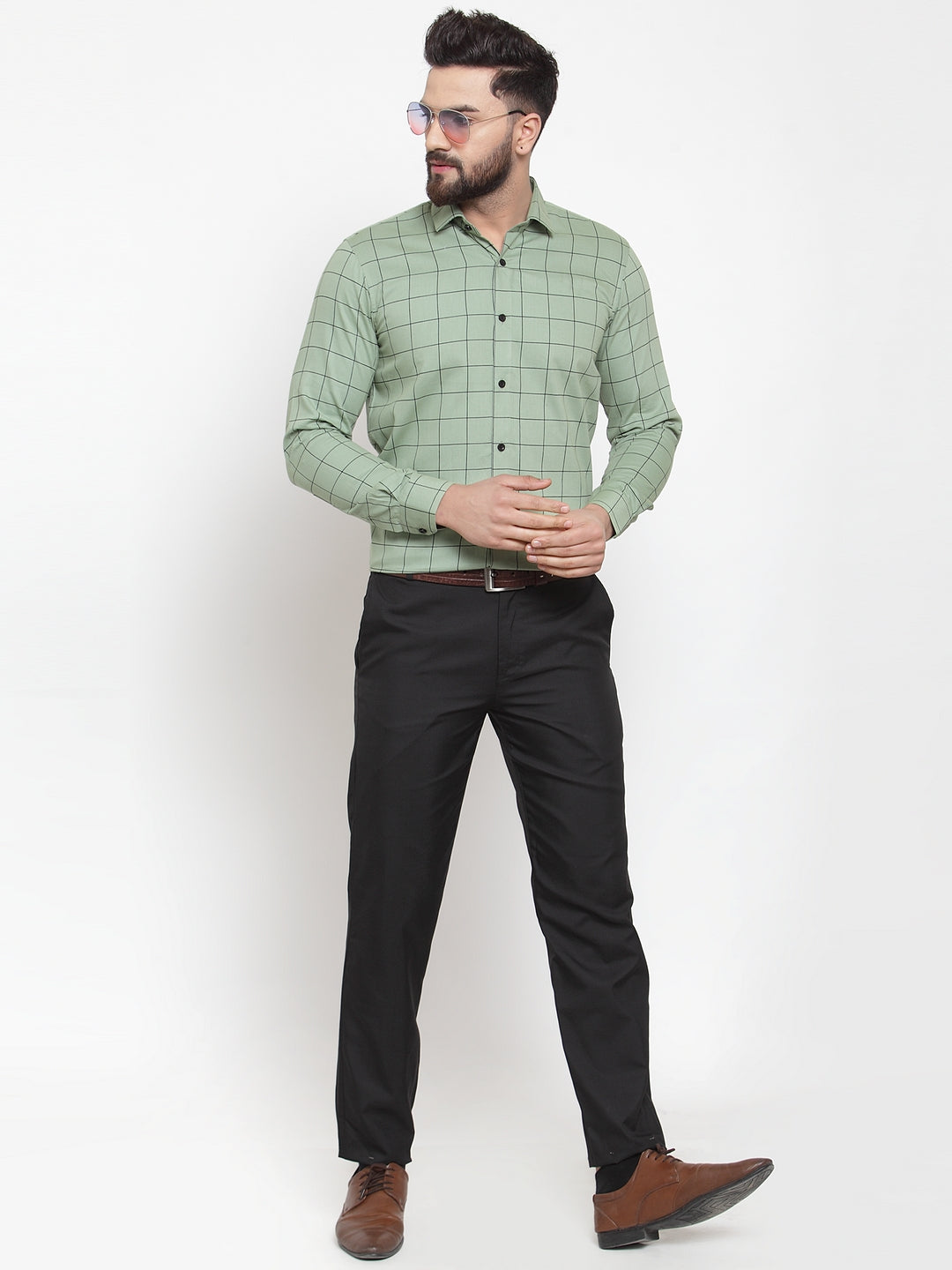 Indian Needle Green Men's Cotton Checked Formal Shirts ( SF 742Pista )