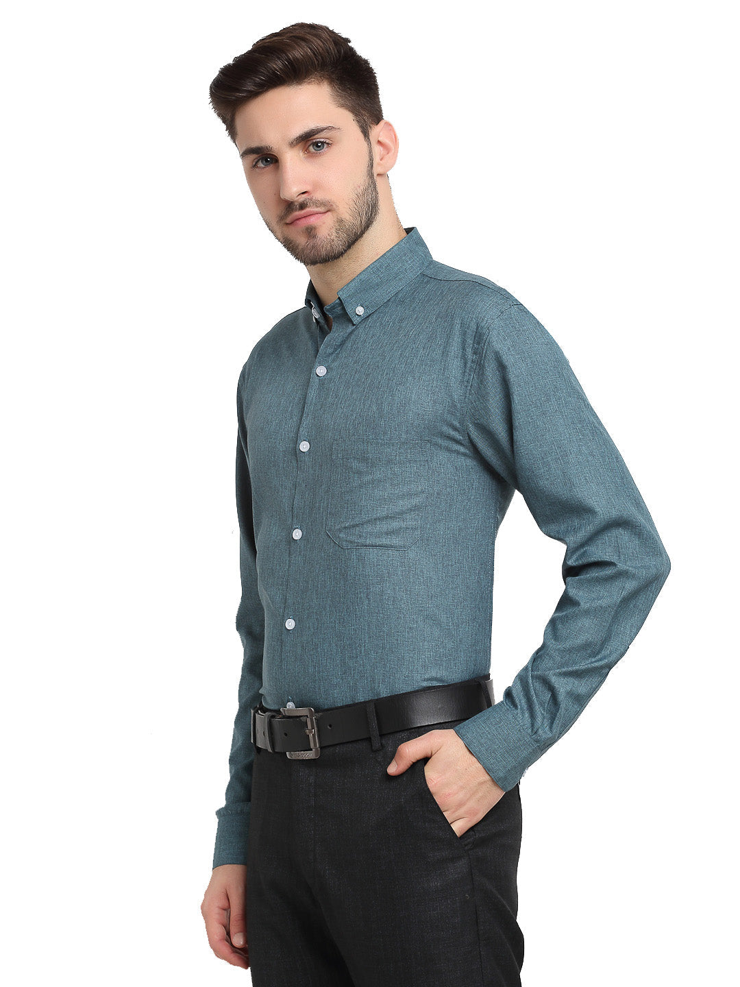 Indian Needle Grey Melange Men's Button Down Collar Cotton Formal Shirt ( SF 785Dark-Grey )