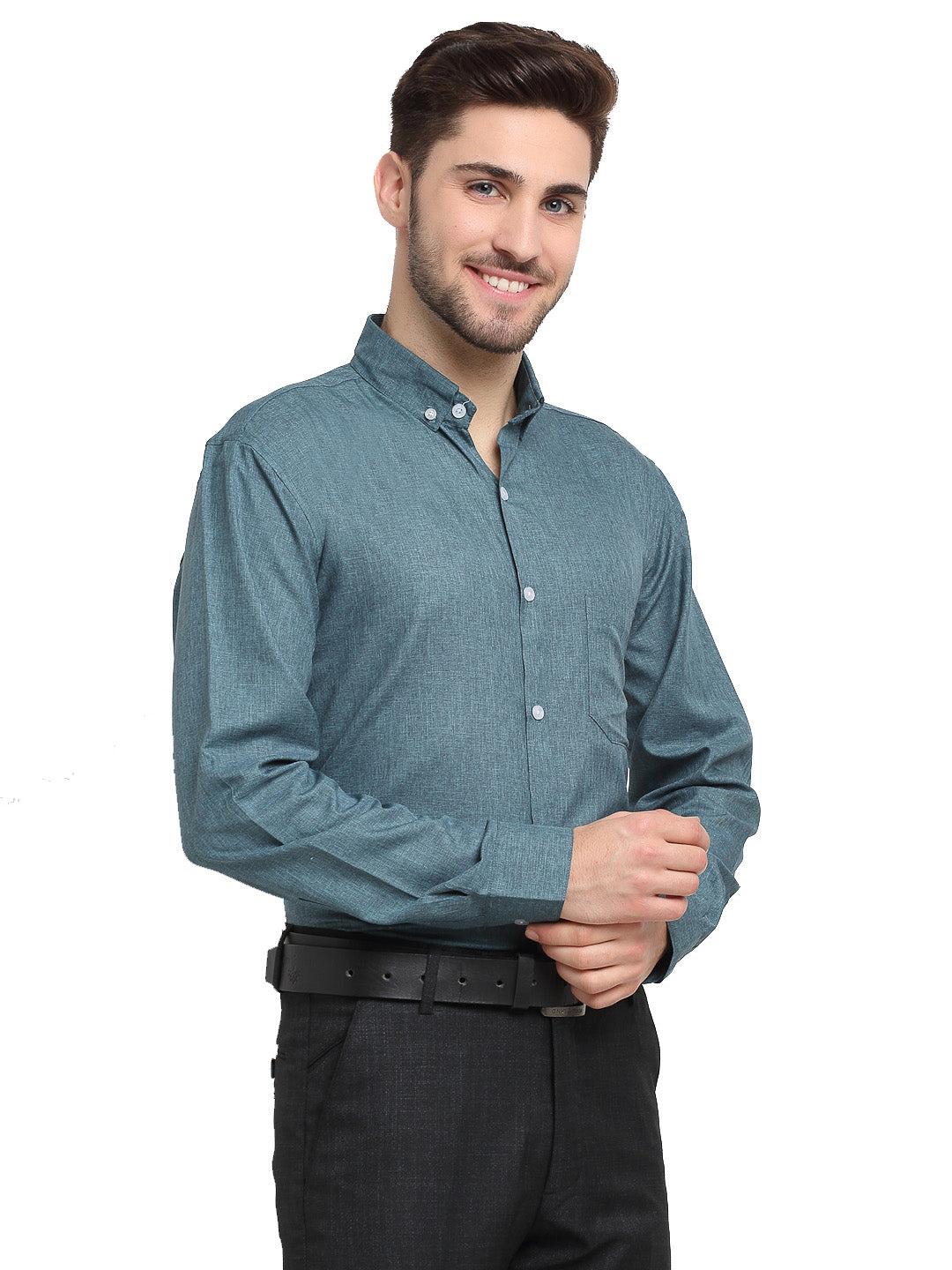 Indian Needle Grey Melange Men's Button Down Collar Cotton Formal Shirt ( SF 785Dark-Grey )