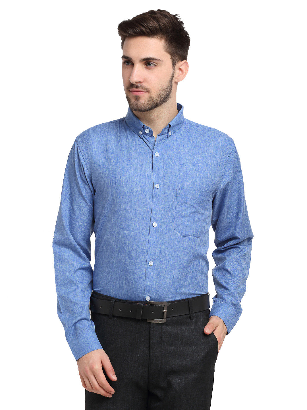 Indian Needle Blue Men's Button Down Collar Cotton Formal Shirt ( SF 785Light-Blue )