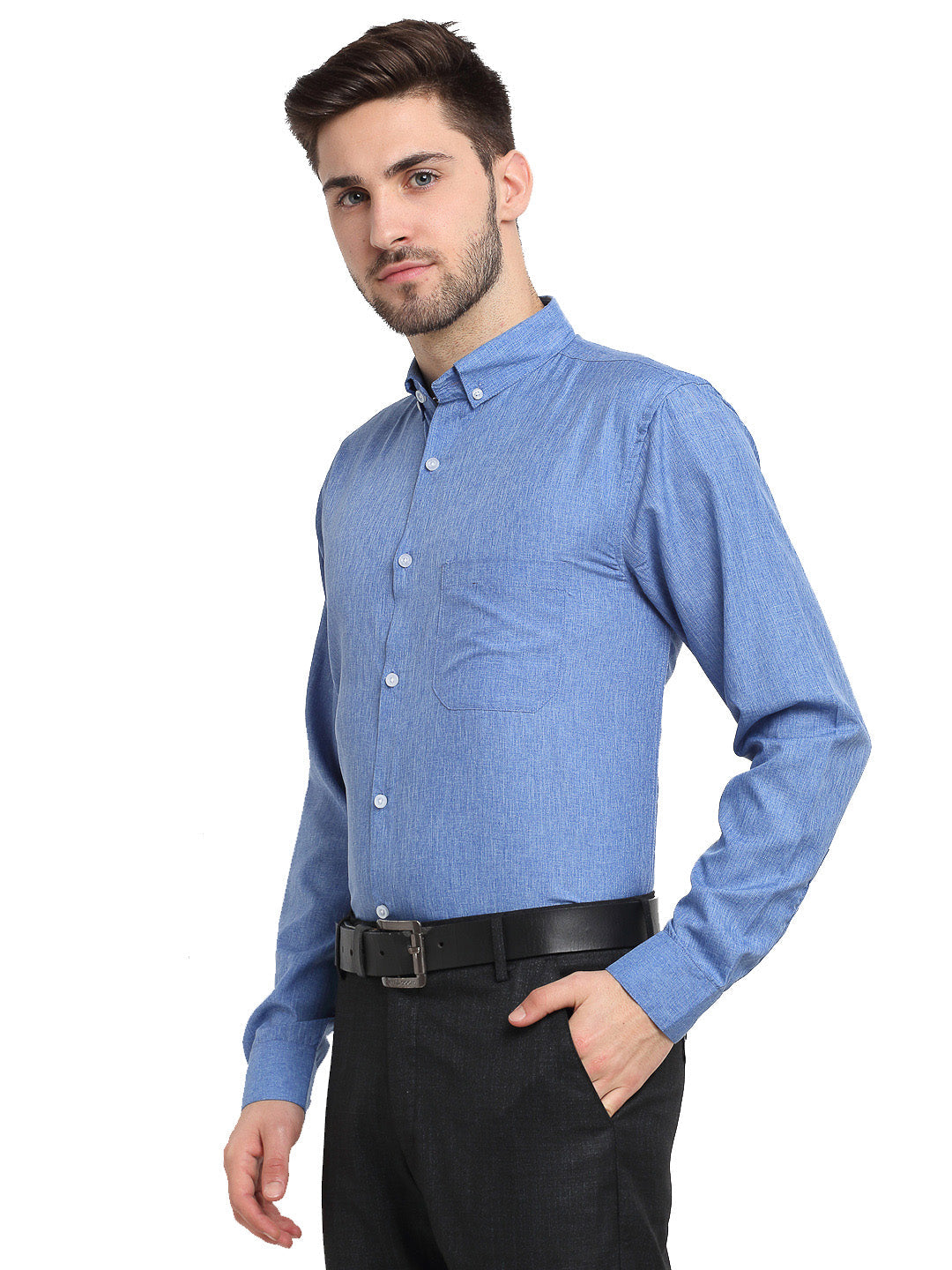 Indian Needle Blue Men's Button Down Collar Cotton Formal Shirt ( SF 785Light-Blue )