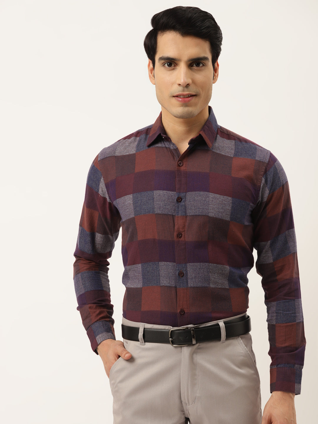 Indian Needle Brown Men's Formal Cotton Checked Shirt ( SF 787Brown )