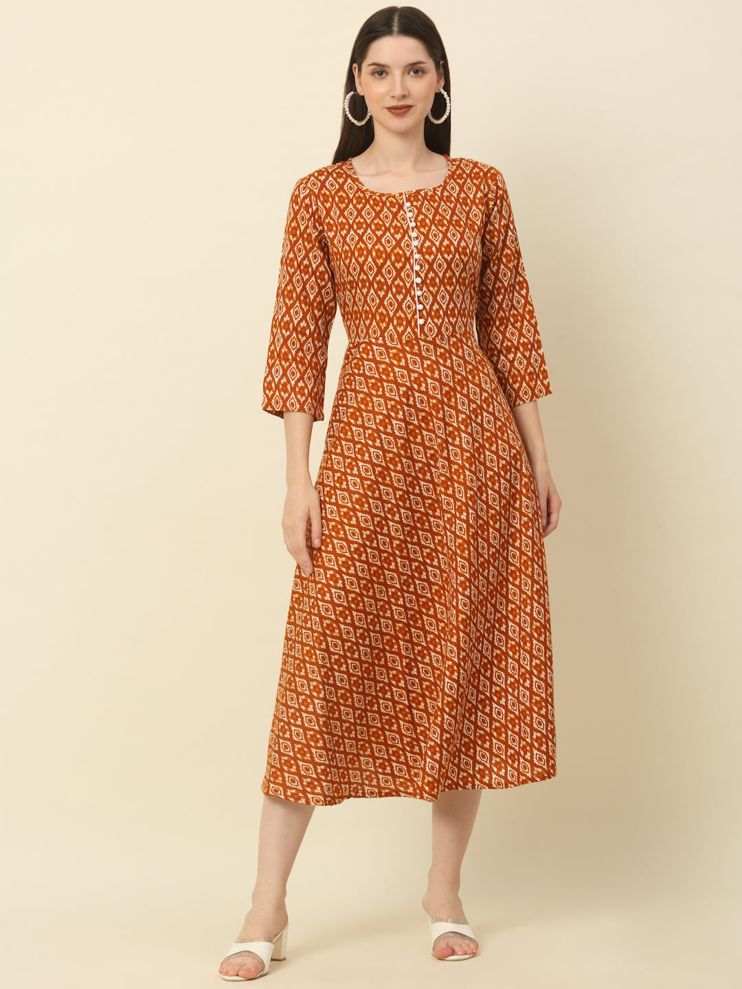 Women Brown & Beige Floral Printed A-Line Kurta ( ANKW 1054 Brown )