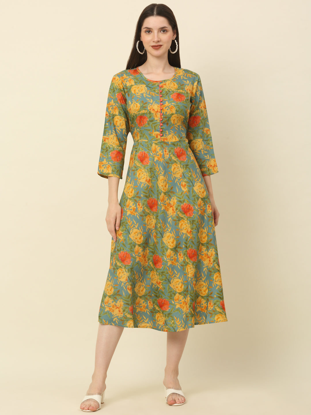 Women Green & Yellow Floral Printed A-Line Kurta ( ANKW 1054 Green )