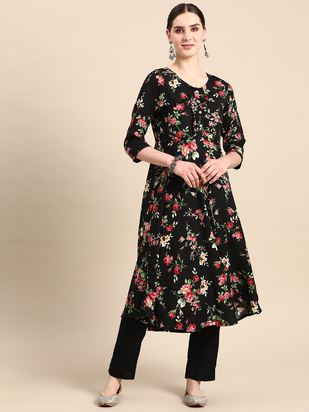 Black Flaired kurta with frills at yok ( ANKW 1406 Black )
