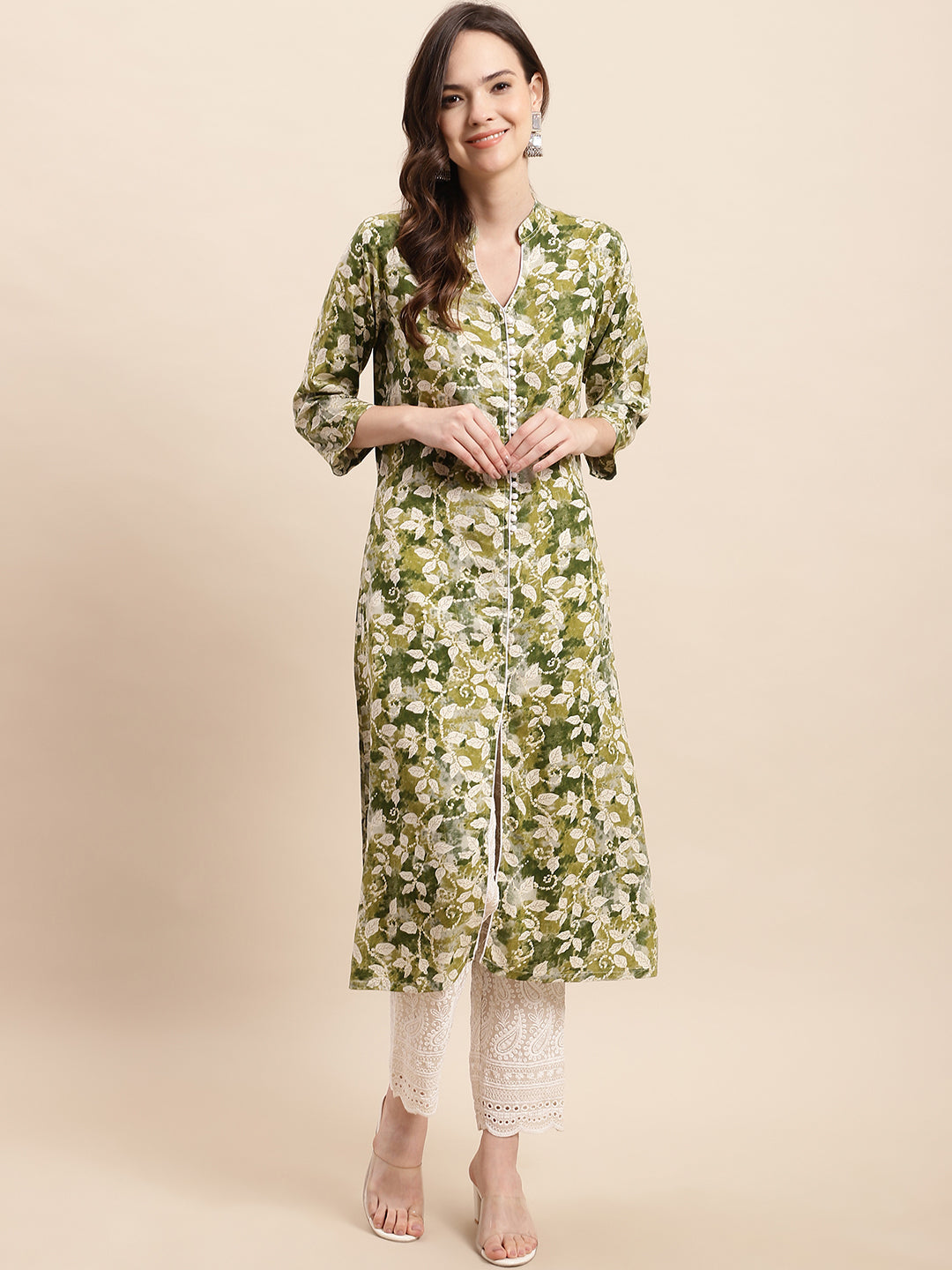 Floral Printed A-line Kurta ( ANKW 1513 Green )