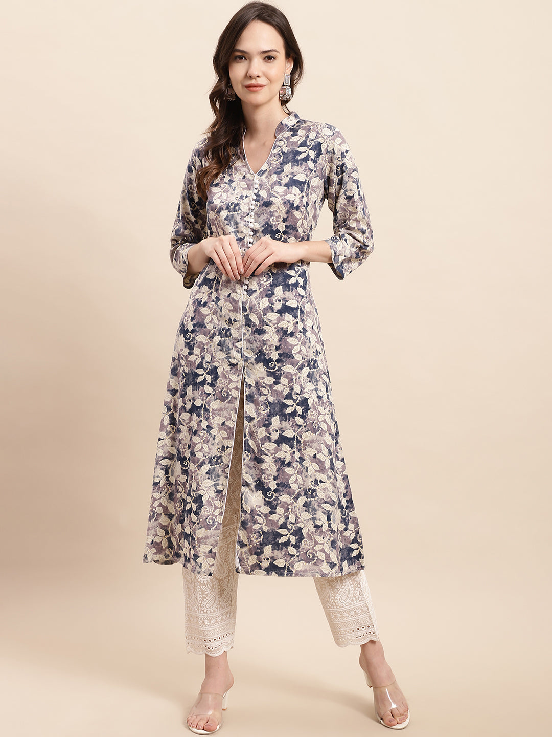 Floral Printed A-line Kurta ( ANKW 1513 Navy )