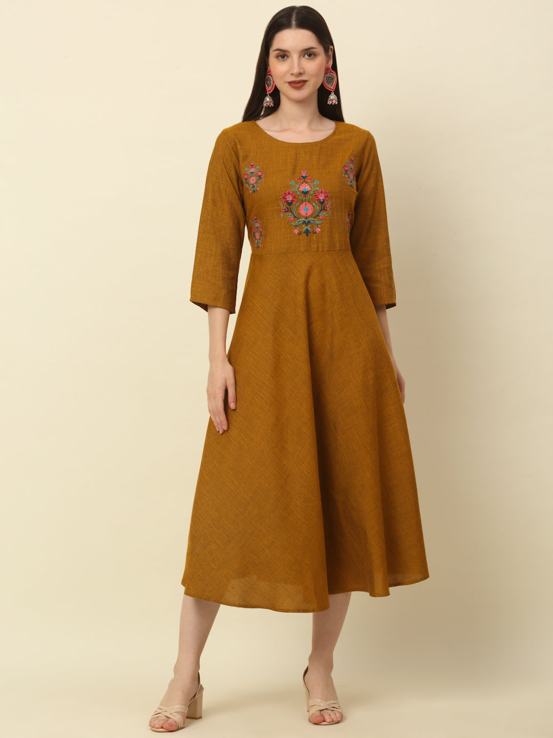 Women Mustard Floral Embroidered A-Line Kurta ( ANKW 1521 Mustard )