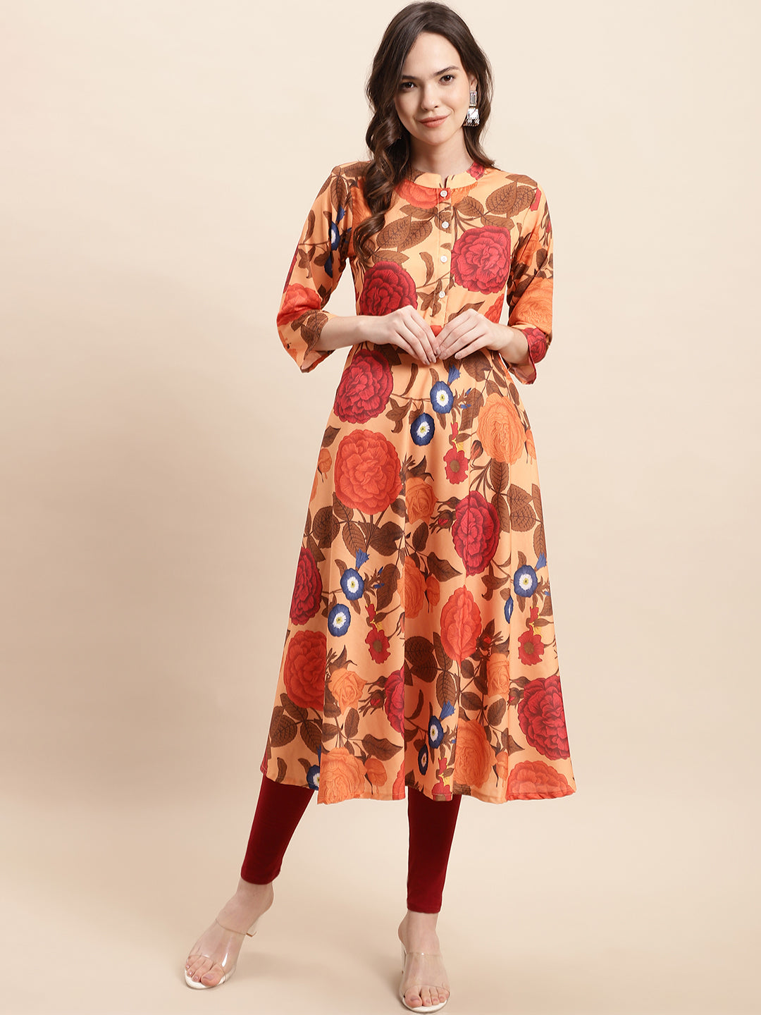 Floral Printed Anarkali Kurta ( ANKW 1526 Orange )