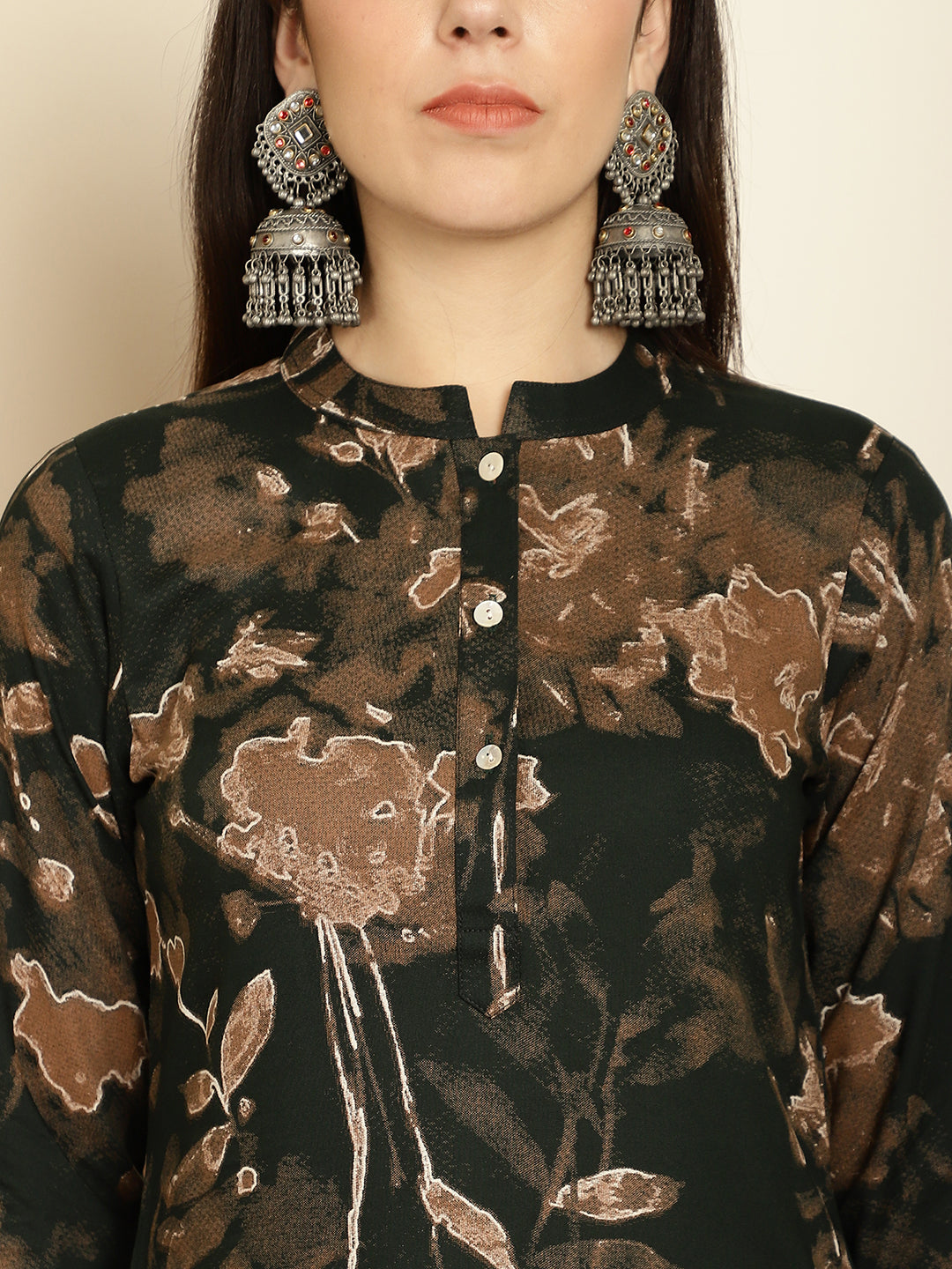Floral Printed Straight Kurta ( ANKW 1539Olive )