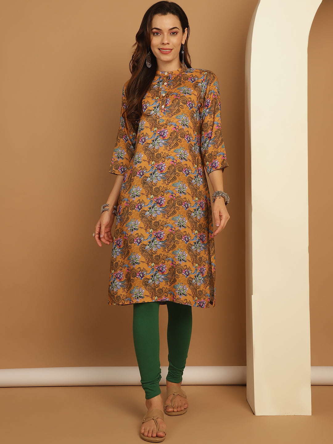 Floral Printed Straight Kurtas ( ANKW 1547 Mustard )