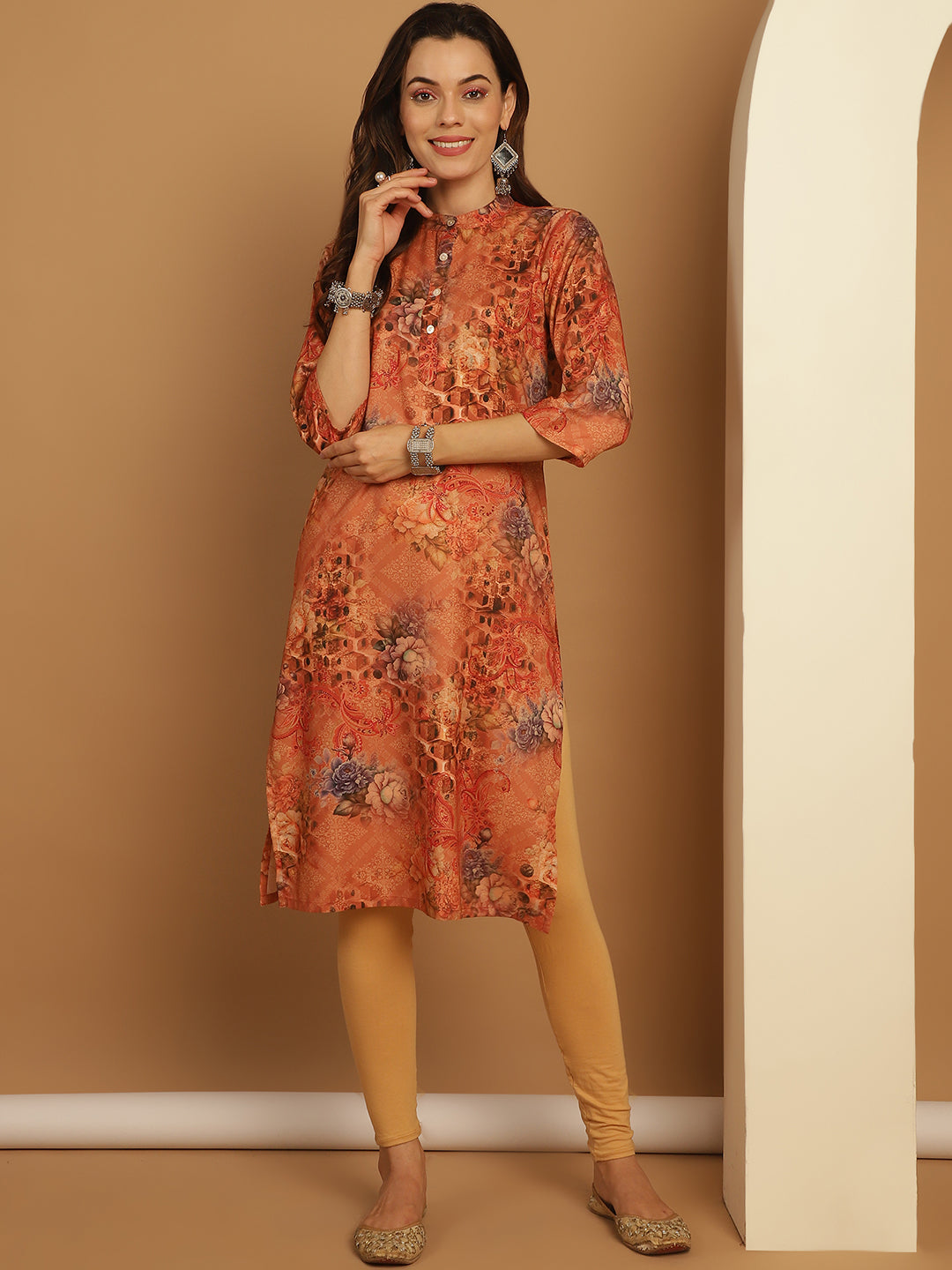 Floral Printed Straight Kurtas ( ANKW 1547 Orange )
