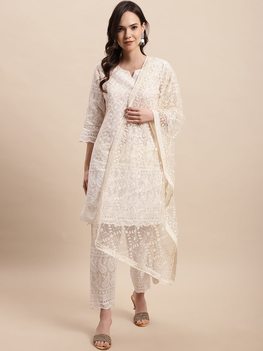 Embroidered Sequinned Kurti With Palazzos & Dupatta ( ANKW PL D28W 1520 Cream )