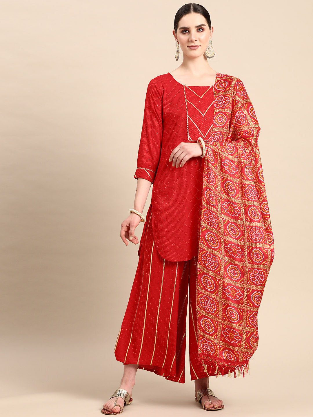 Sequin & Gota work kurta pallazos and dupatta set ( ANKW PL D37R 1475 Red )