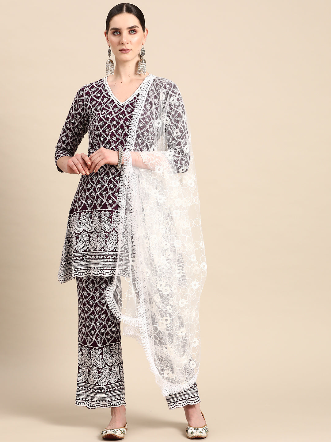 Women Purple & White Ethnic Motifs Embroidered Sequinned Kurta With Palazzos & With Dupatta ( ANKW PL D42W 1478 Purple )