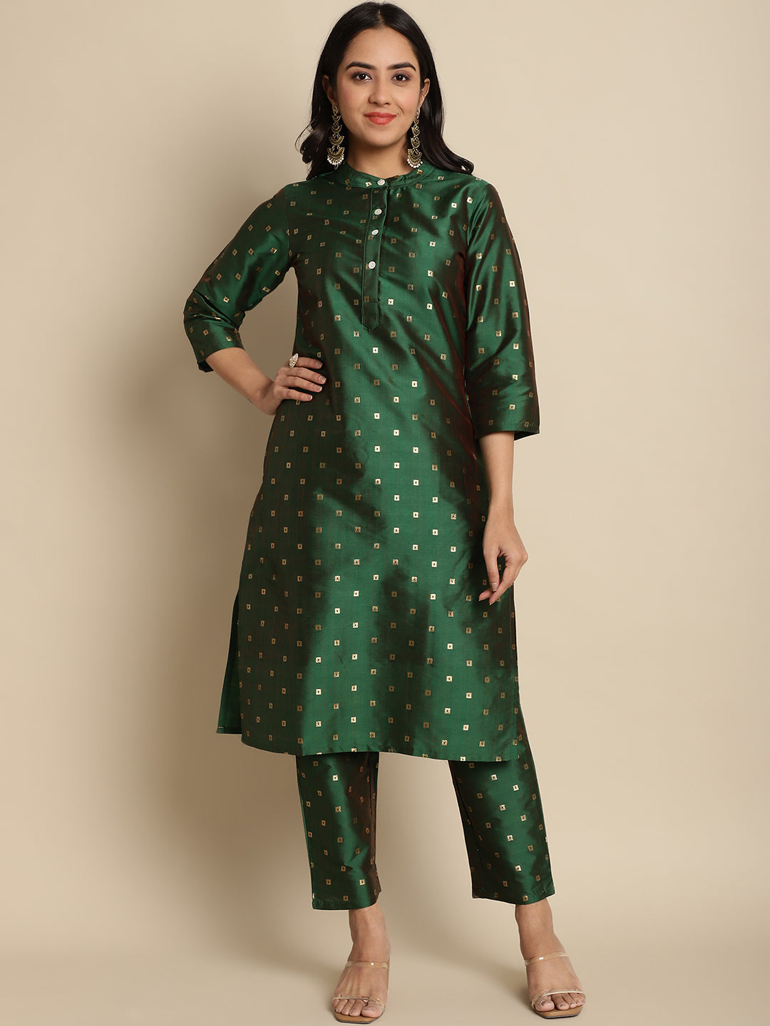 Women Green Jacquard Silk Woven Design Straight Kurta Trousers ( ANKW PS 1507 Green )