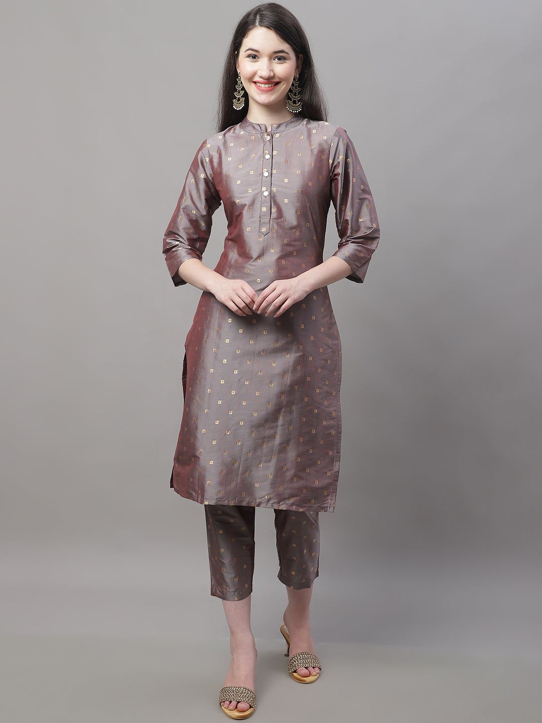 Women Grey Jacquard Silk Woven Design Straight Kurta Trousers ( ANKW PS 1507 Grey )