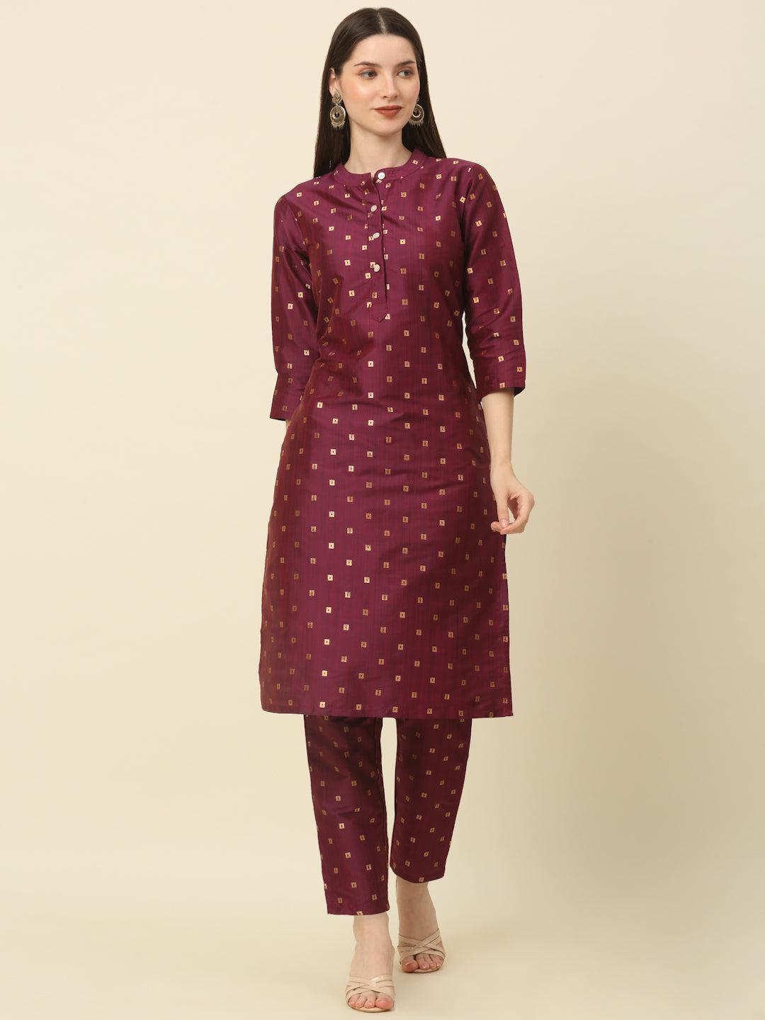 Women Purple Jacquard Silk Woven Design Straight Kurta Trousers ( ANKW PS 1507 Purple )