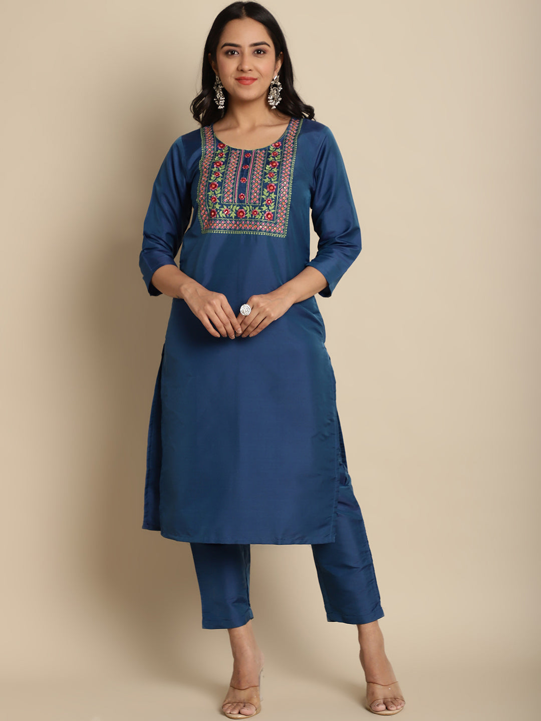Women Blue Embroidered Straight Kurta With Trousers ( ANKW PS 1527 Blue )