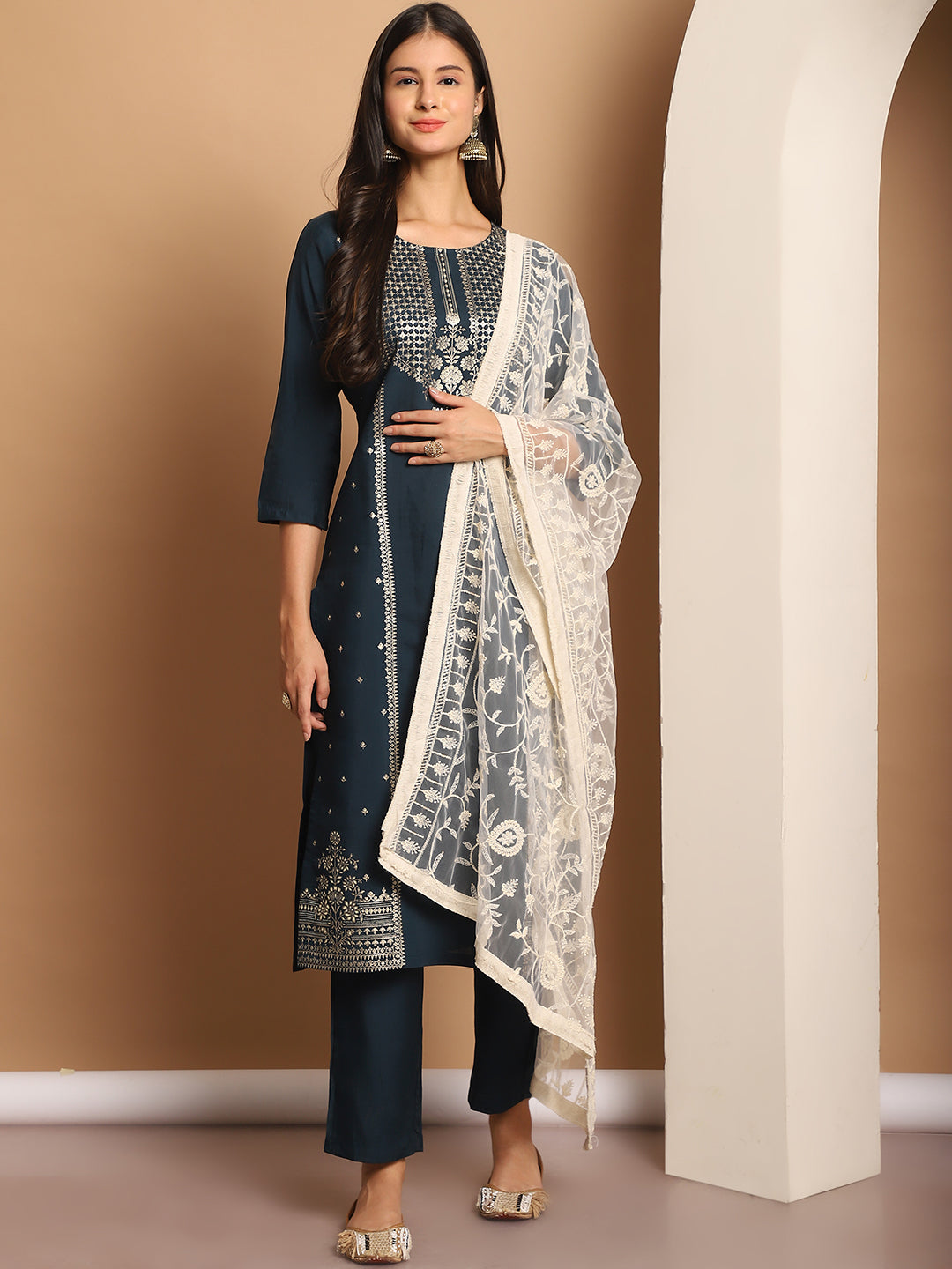 Foil Printed Kurta Set With Embroidered Dupatta ( ANKW PS D28C 1551 Teal )