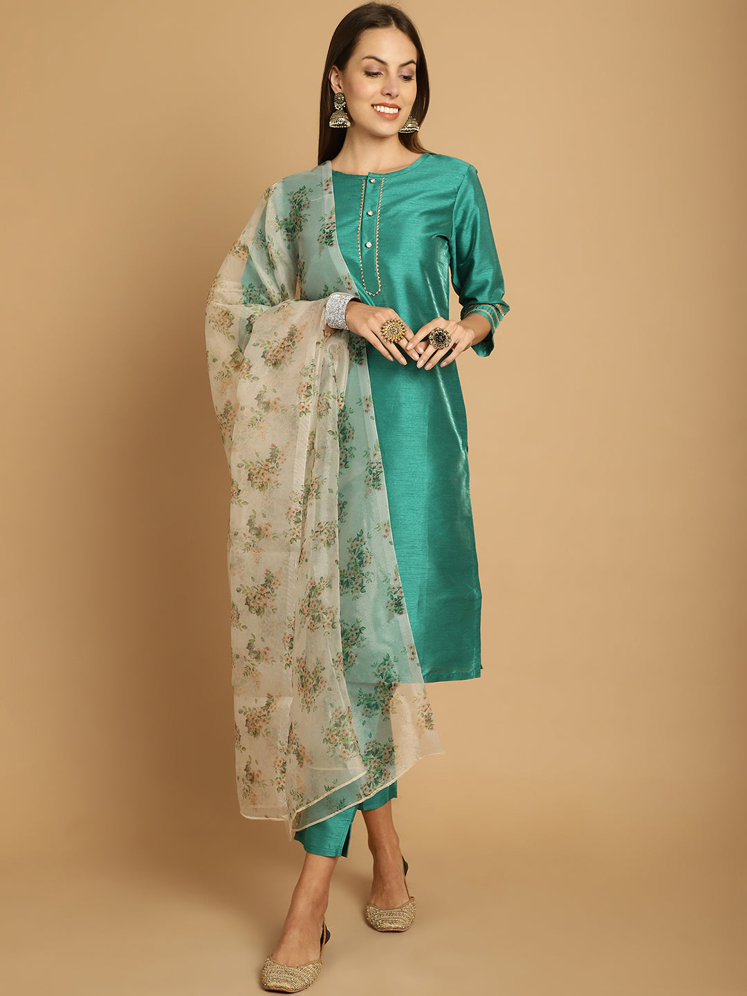 Rama Green Solid Silk Straight Kurta With Trousers & Dupatta ( ANKW PS D34Y 1533 Rama )