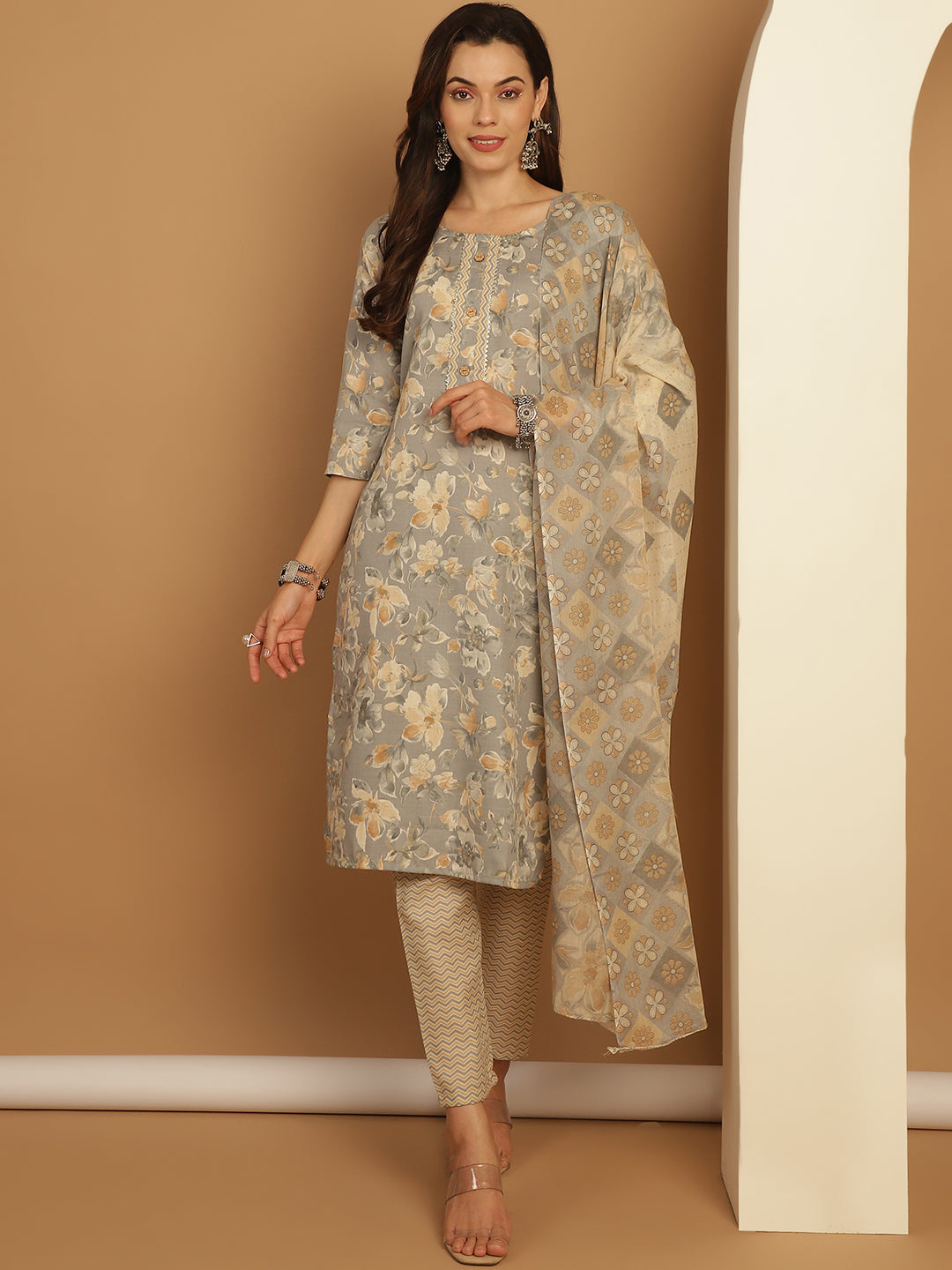 Grey Printed Straight Kurta With Trousers & Dupatta ( ANKW PS D 1548 Grey )
