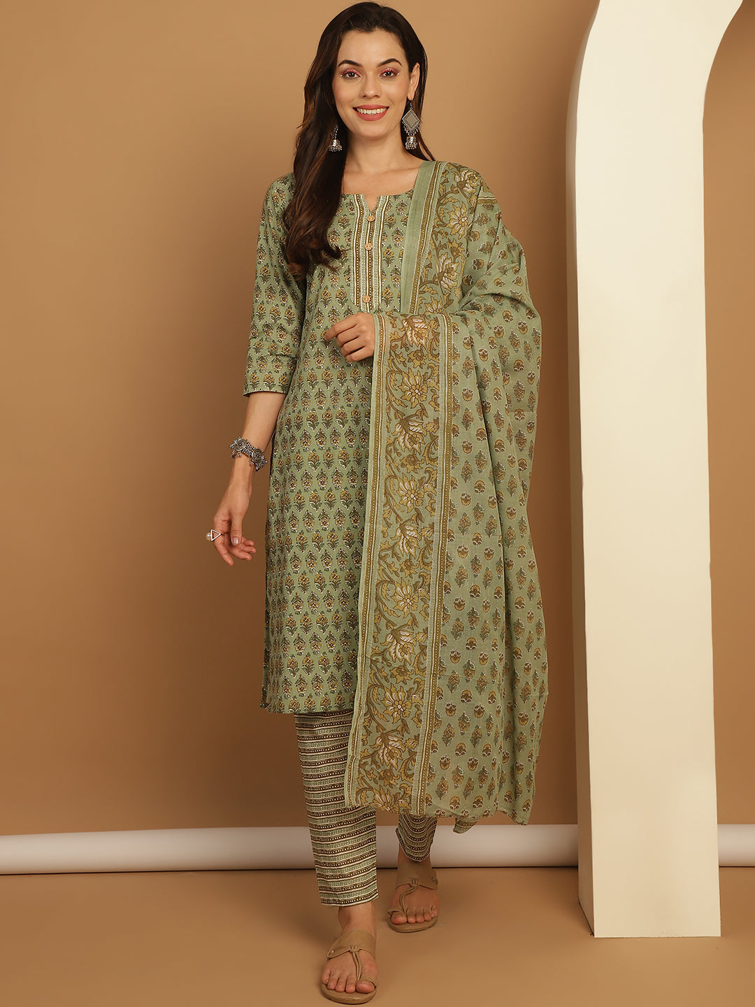 Pista Green Printed Straight Kurta With Trousers & Dupatta ( ANKW PS D 1549 Pista )