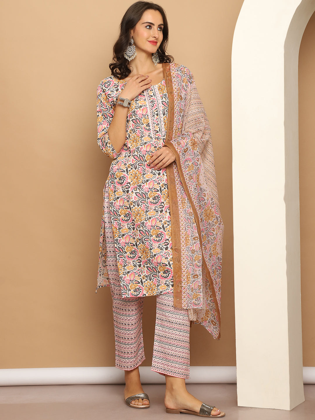 Floral Printed Straight Kurta With Trousers & Dupatta ( ANKW PS D 1559 Pink )