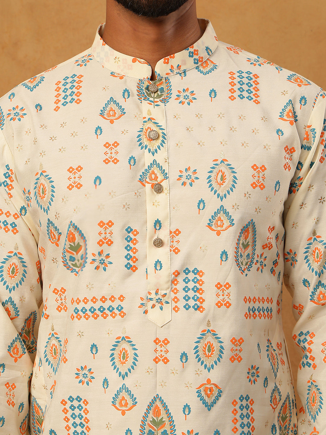 Foil Printed Cotton Blend Kurta Pyjama Set ( ANMKP W 281Cream )