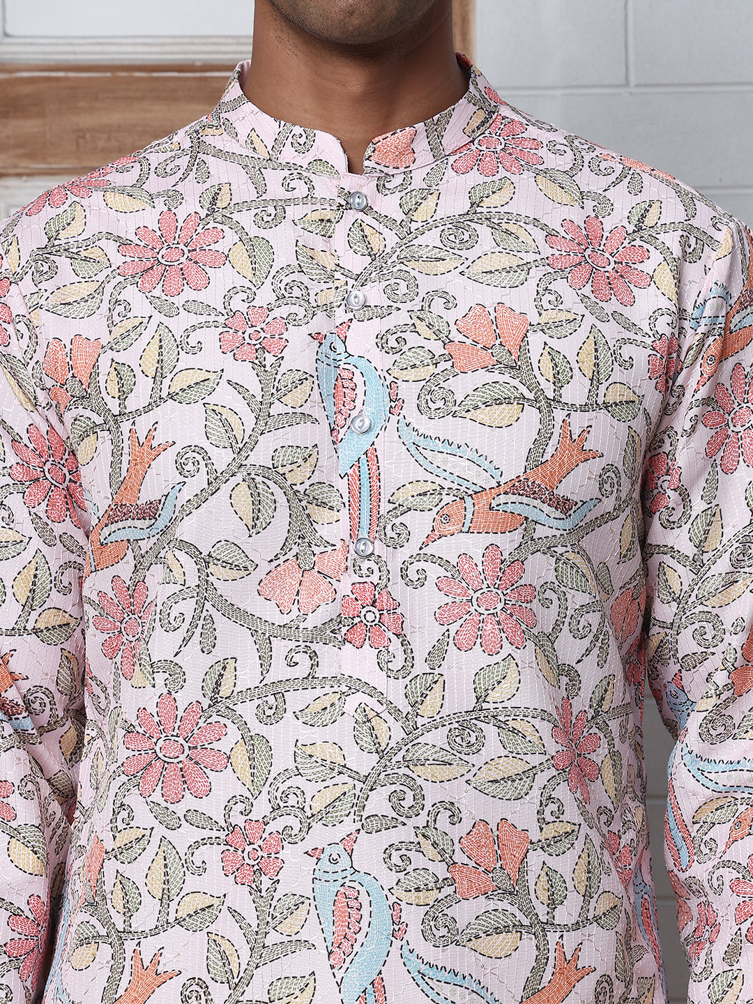 Floral Print Kurta Set with Thread Work Embroidery ( ANMKP W 284Peach )