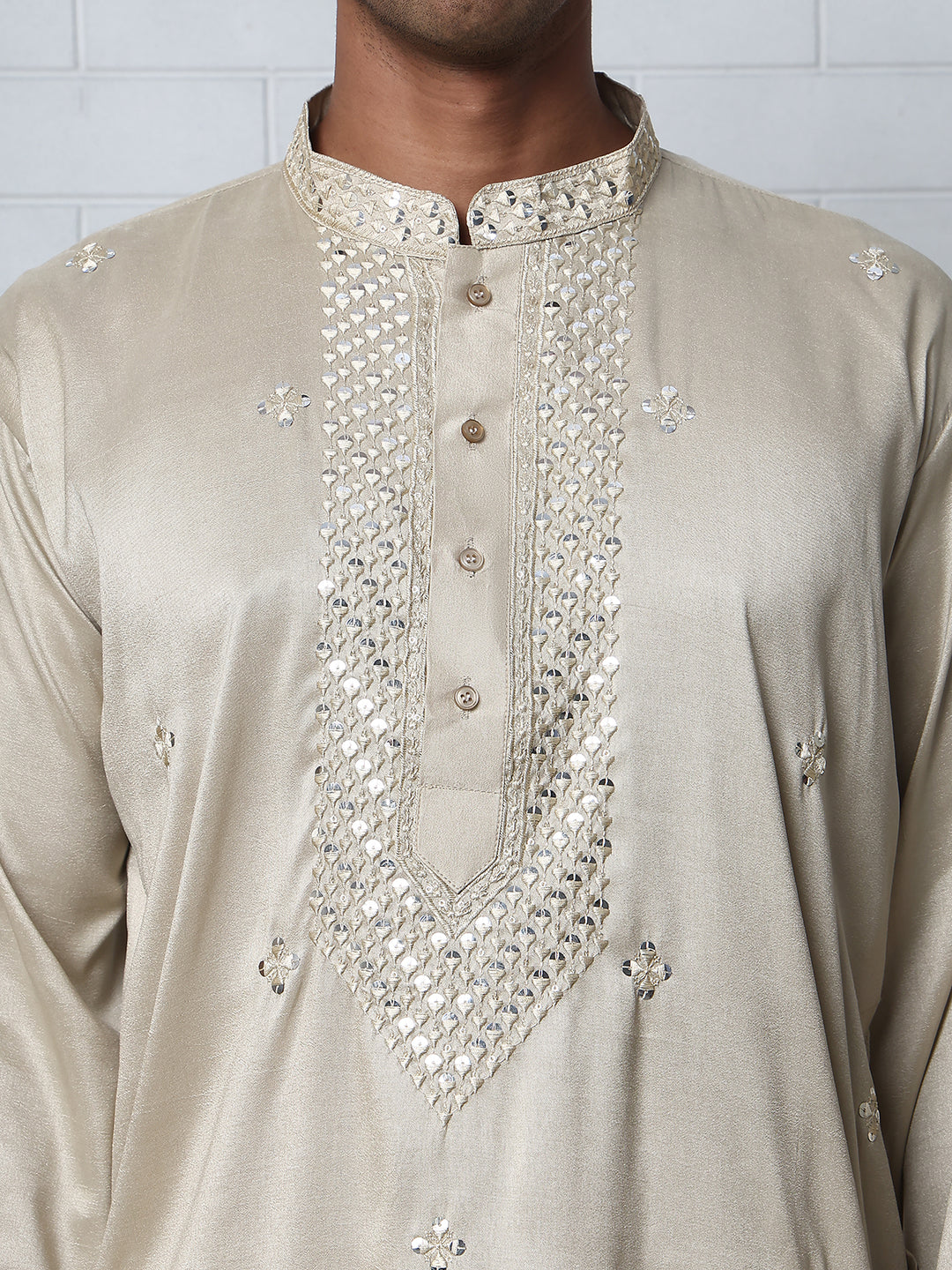 Men Silk Blend Festive Embroidered Kurtas ( ANMKO 286Beige )