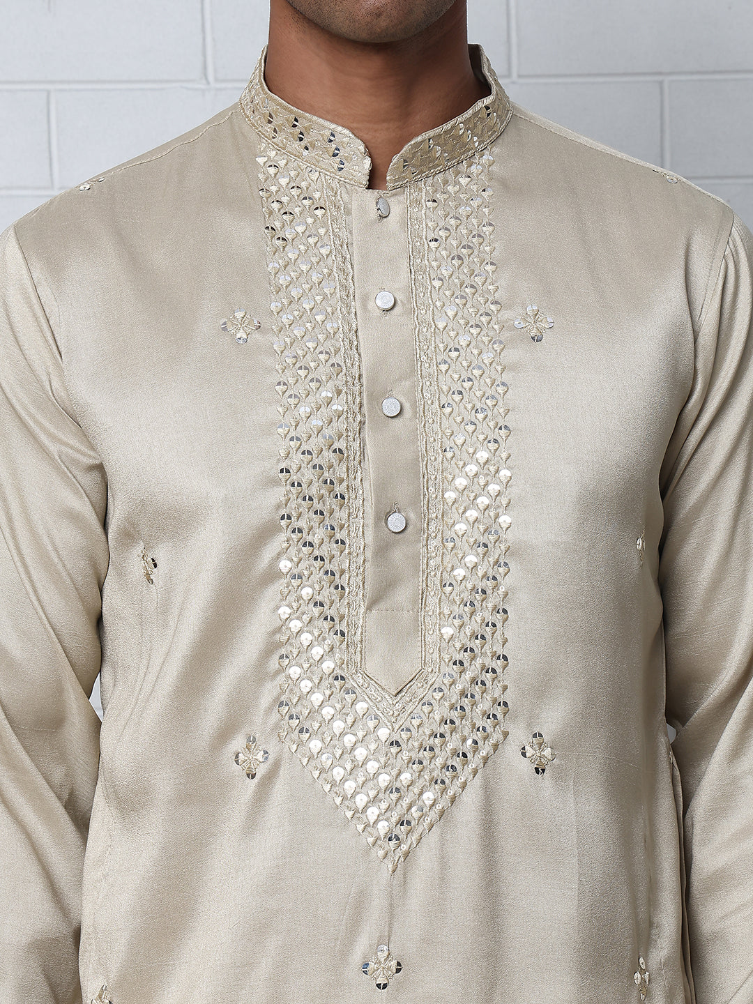 Men Silk Blend Festive Embroidered Kurtas ( ANMKO 286Beige-2 Beige-2 )
