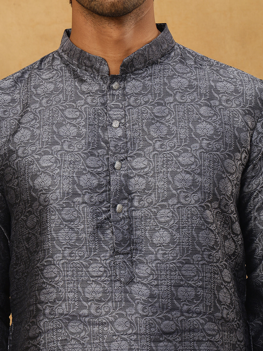 Men Silk Blend Ethnic Kurta Pyjama Set ( ANMKP B-P 303Silver )