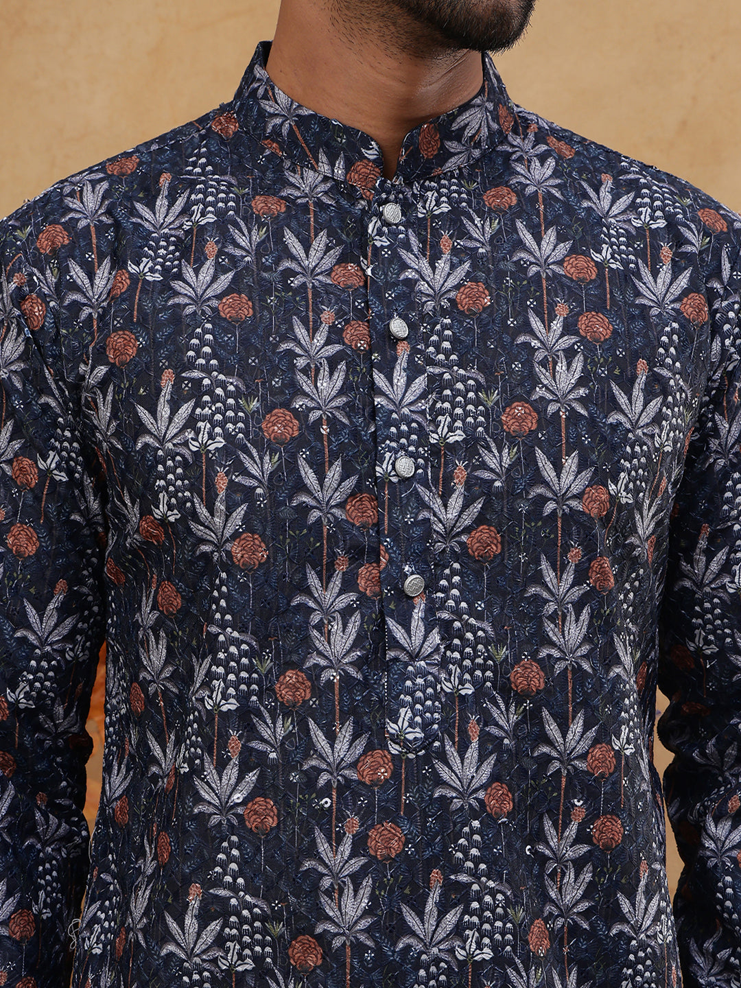Cotton Blend Printed & Embroidered Kurta ( ANMKO 308Navy )