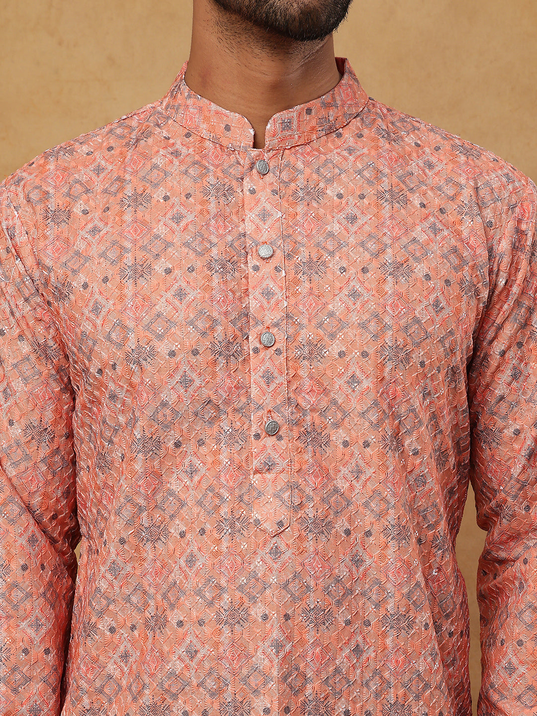 Cotton Blend Printed & Embroidered Kurta ( ANMKO 308Orange )