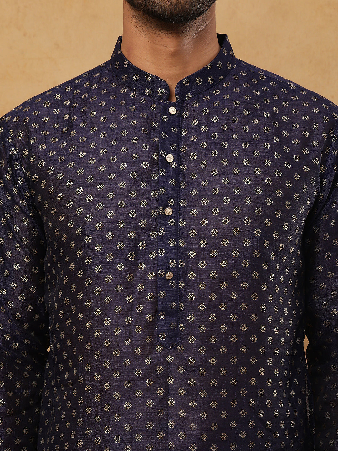 Men Silk Blend Printed Kurta ( ANMKO 309Navy )