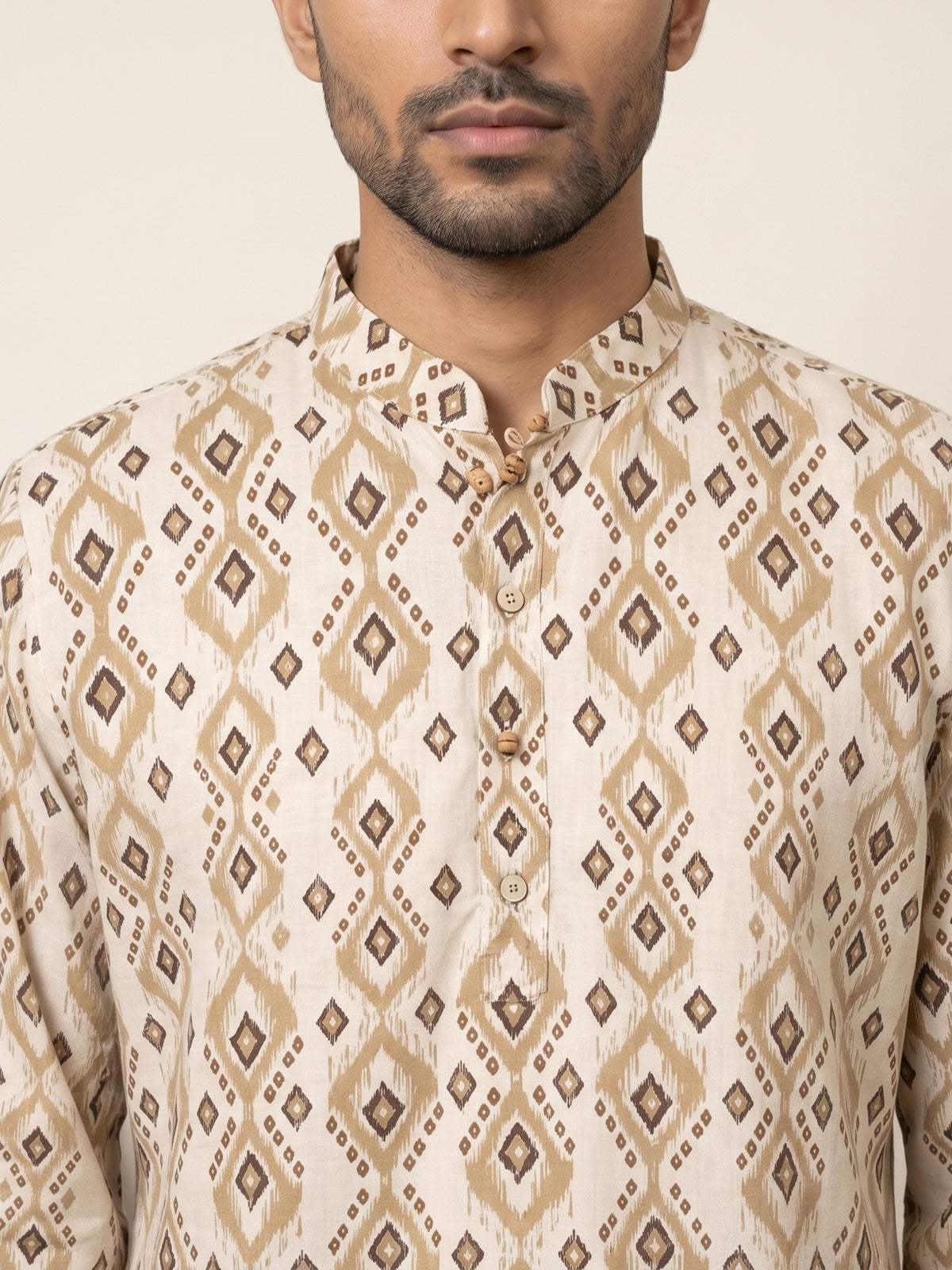 Men Ikat Print Cotton Blend Kurta ( ANMKO 334 Beige )