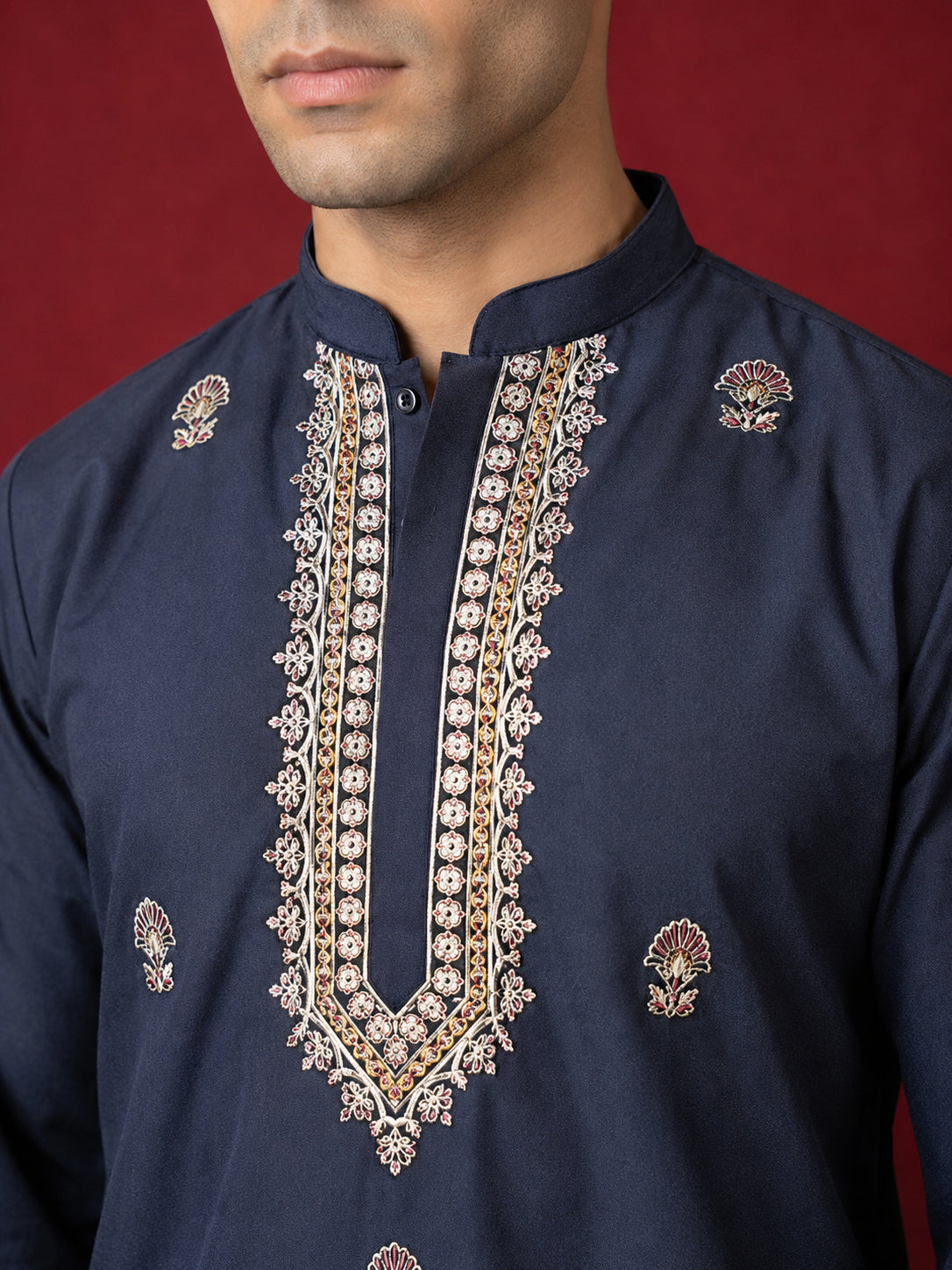 Men's Japanese Fabric Embroidered Kurta ( ANMKO 335 Navy )