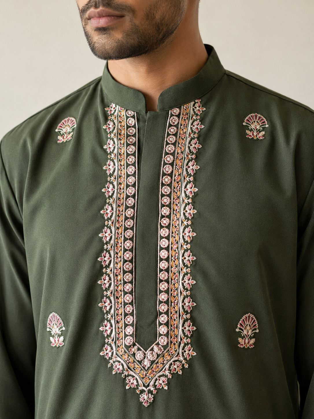 Men's Japanese Fabric Embroidered Kurta ( ANMKO 335 Olive )