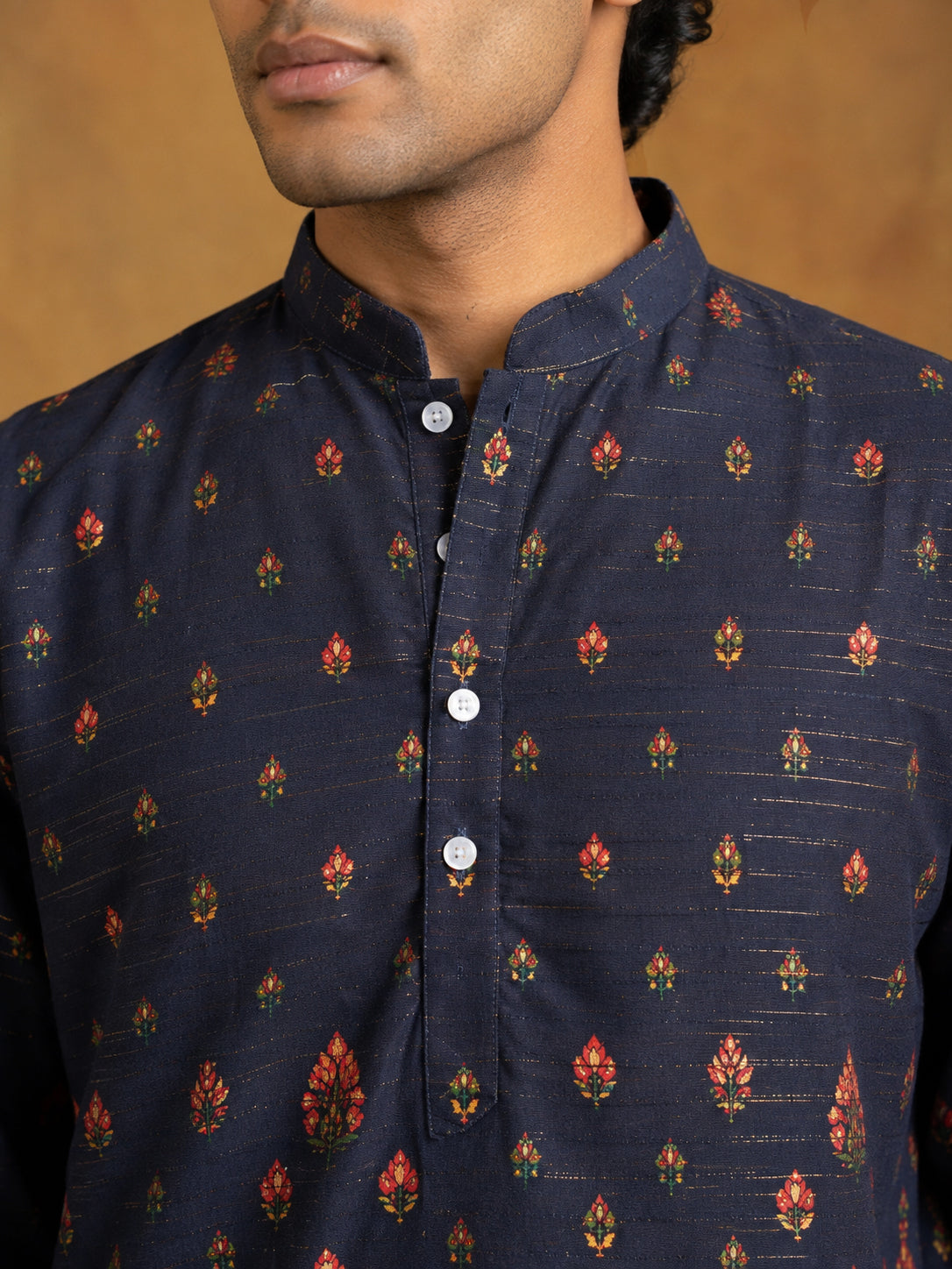 Printed Cotton Blend Thread Work Kurta ( ANMKO 337 Navy )