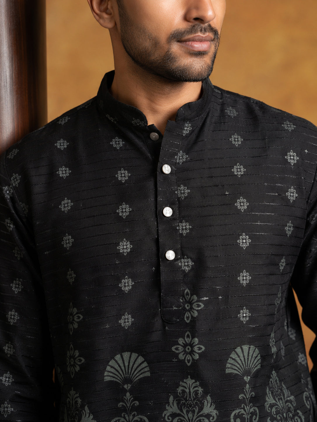 Printed Cotton Blend Thread Work Kurta ( ANMKO 338 Black )