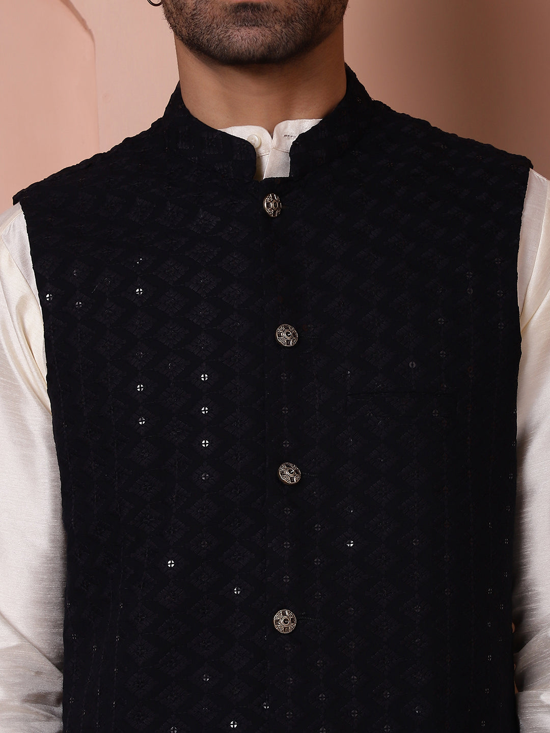 Embroidered and Sequin Nehru Jacket With Solid Kurta Pyjama ( ANMKPWC 636W 7004Black )