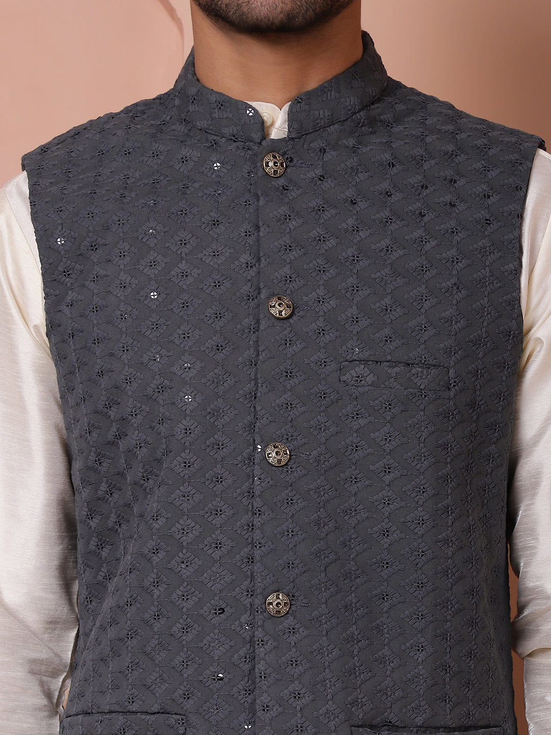 Embroidered and Sequin Nehru Jacket With Solid Kurta Pyjama ( ANMKPWC 636W 7004Grey )