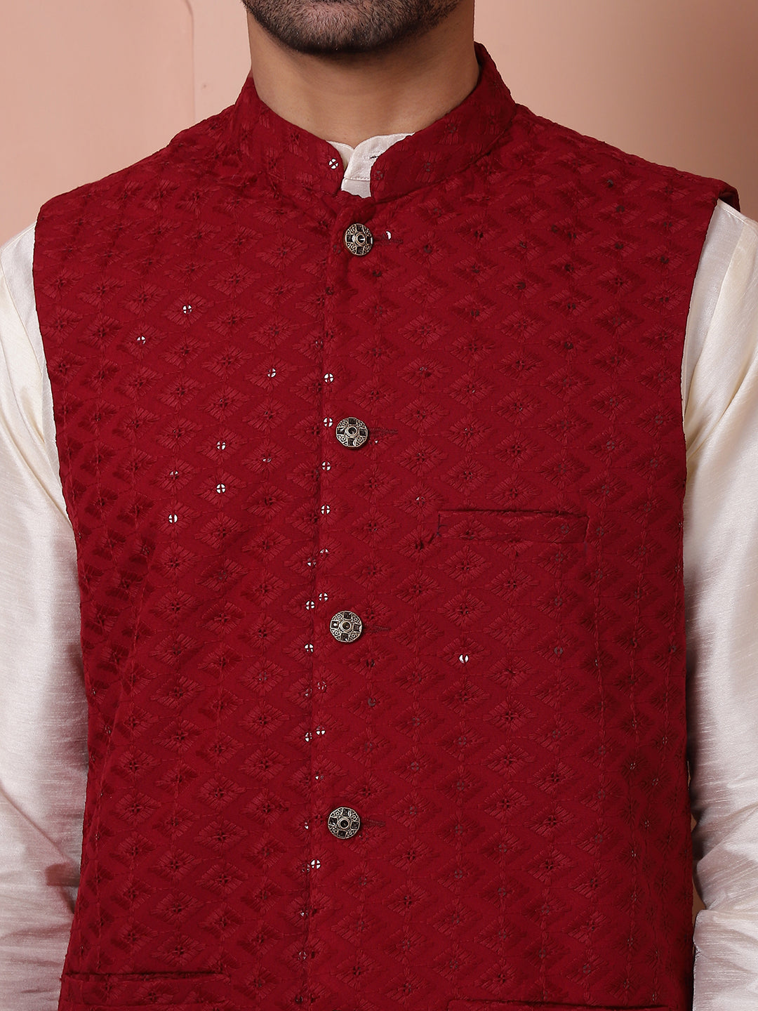 Embroidered and Sequin Nehru Jacket With Solid Kurta Pyjama ( ANMKPWC 636W 7004Maroon )