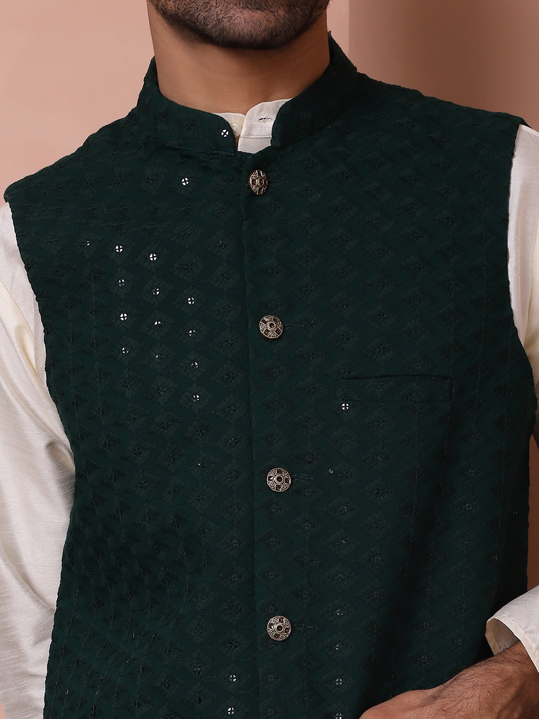 Embroidered and Sequin Nehru Jacket With Solid Kurta Pyjama ( ANMKPWC 636W 7004Olive )