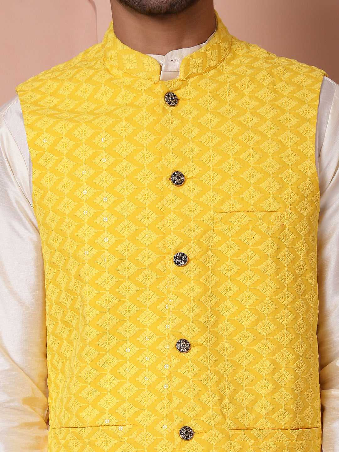 Embroidered and Sequin Nehru Jacket With Solid Kurta Pyjama ( ANMKPWC 636W 7004Yellow )