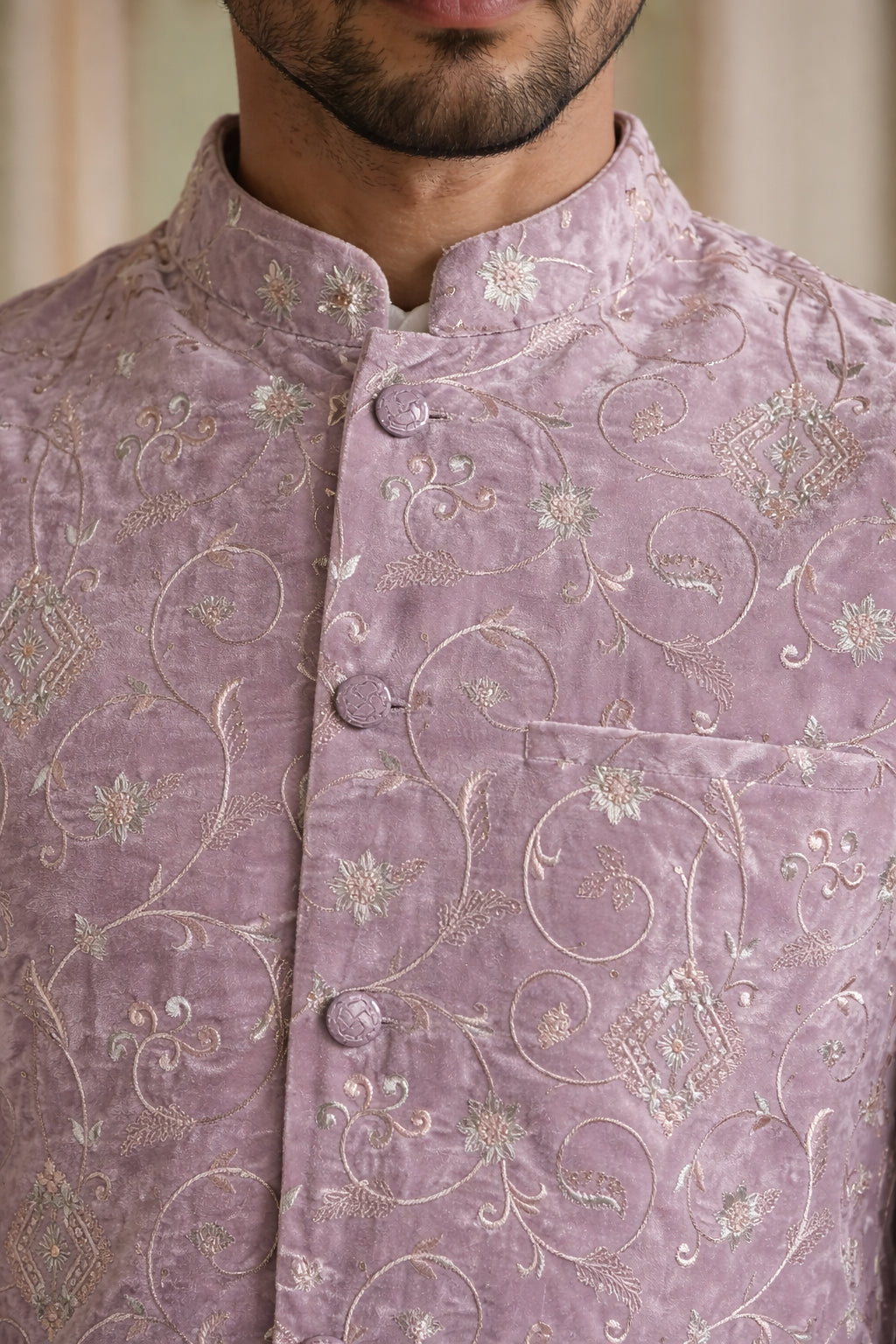 Velvet Embroidered Nehru Jacket Kurta Set ( ANMKPWC 636W 7030Purple )