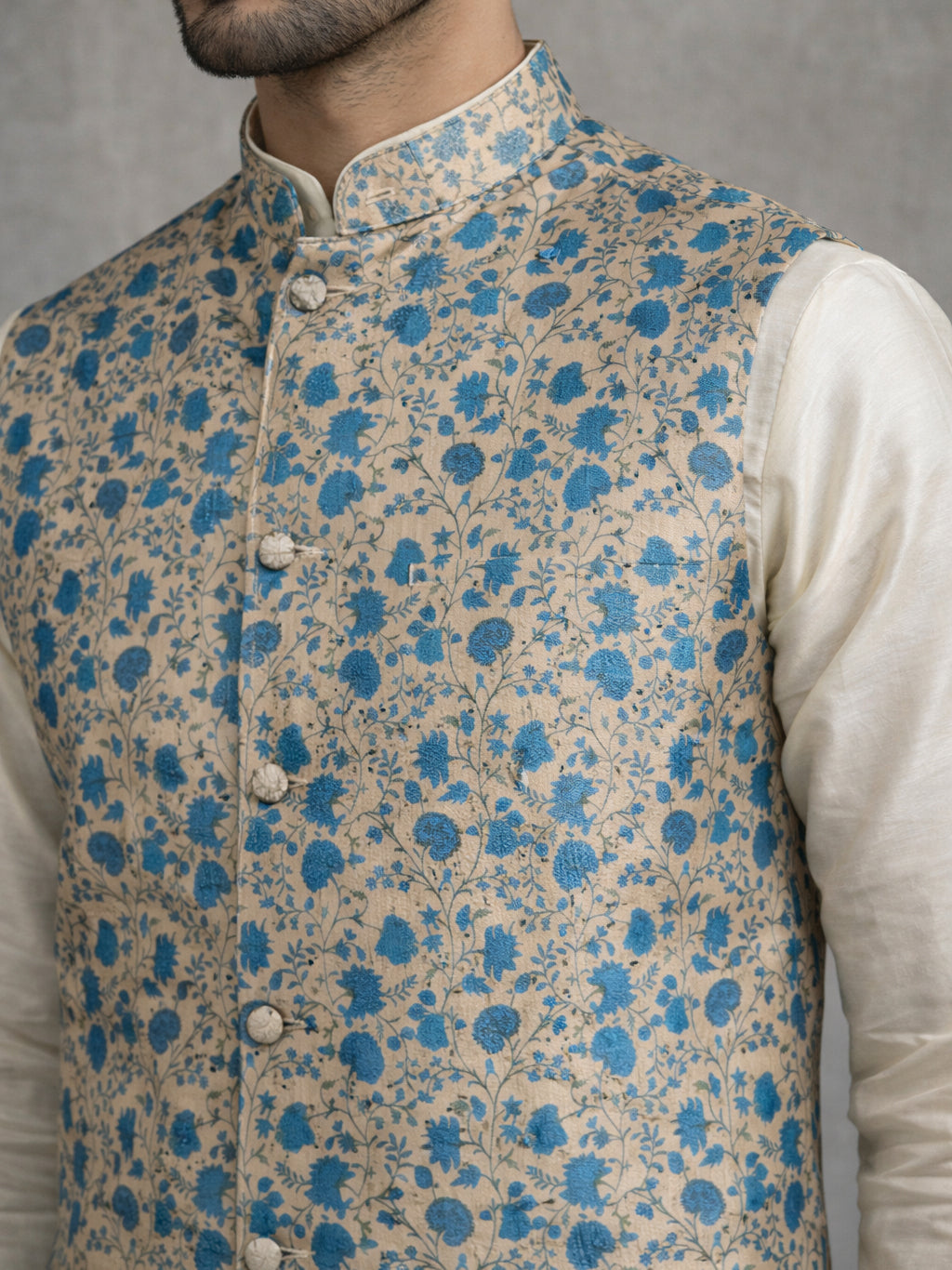 Floral Printed Nehru Jacket Kurta Set ( ANMKPWC 636W 7031Blue )