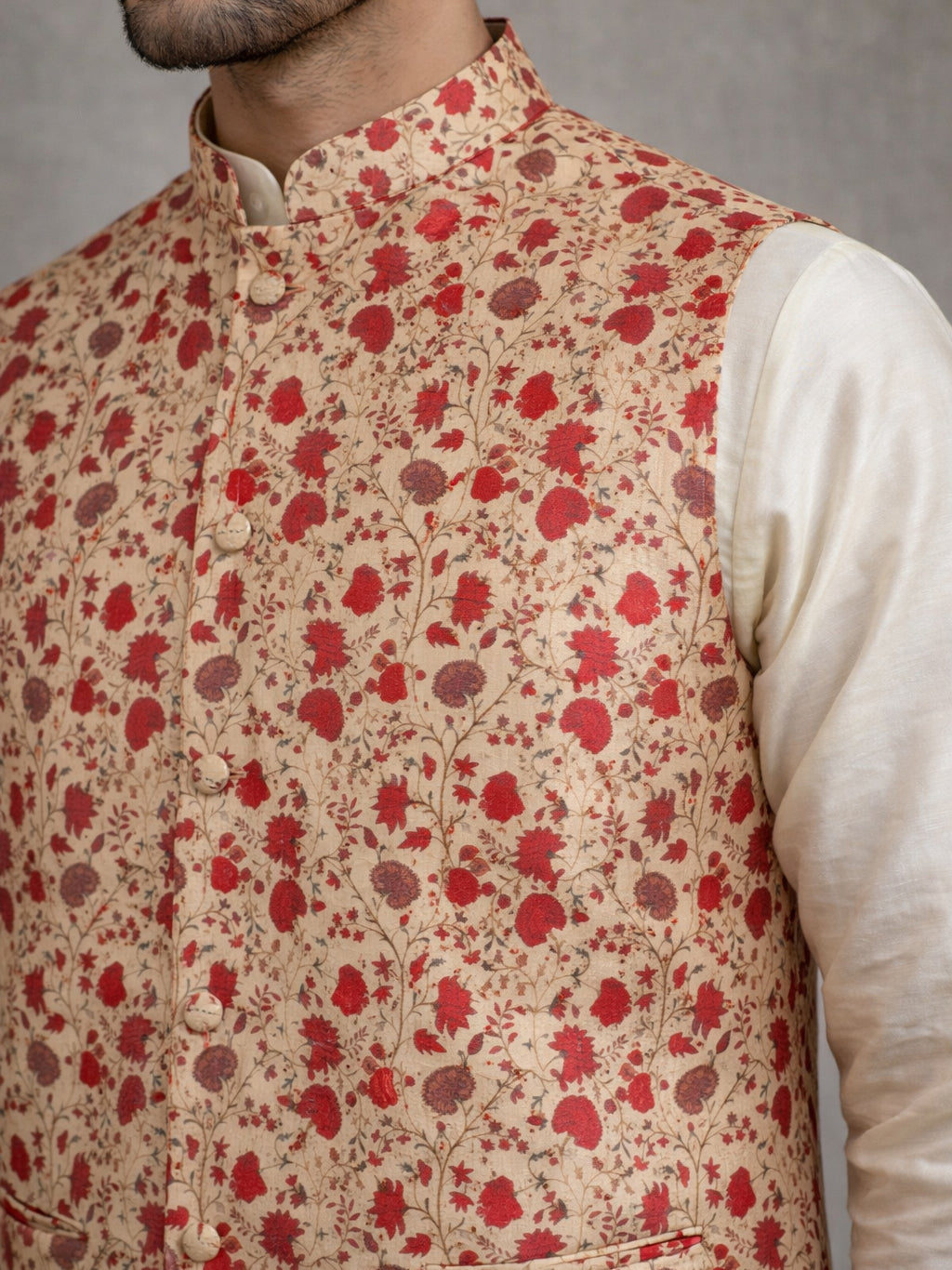 Floral Printed Nehru Jacket Kurta Set ( ANMKPWC 636W 7031Red )