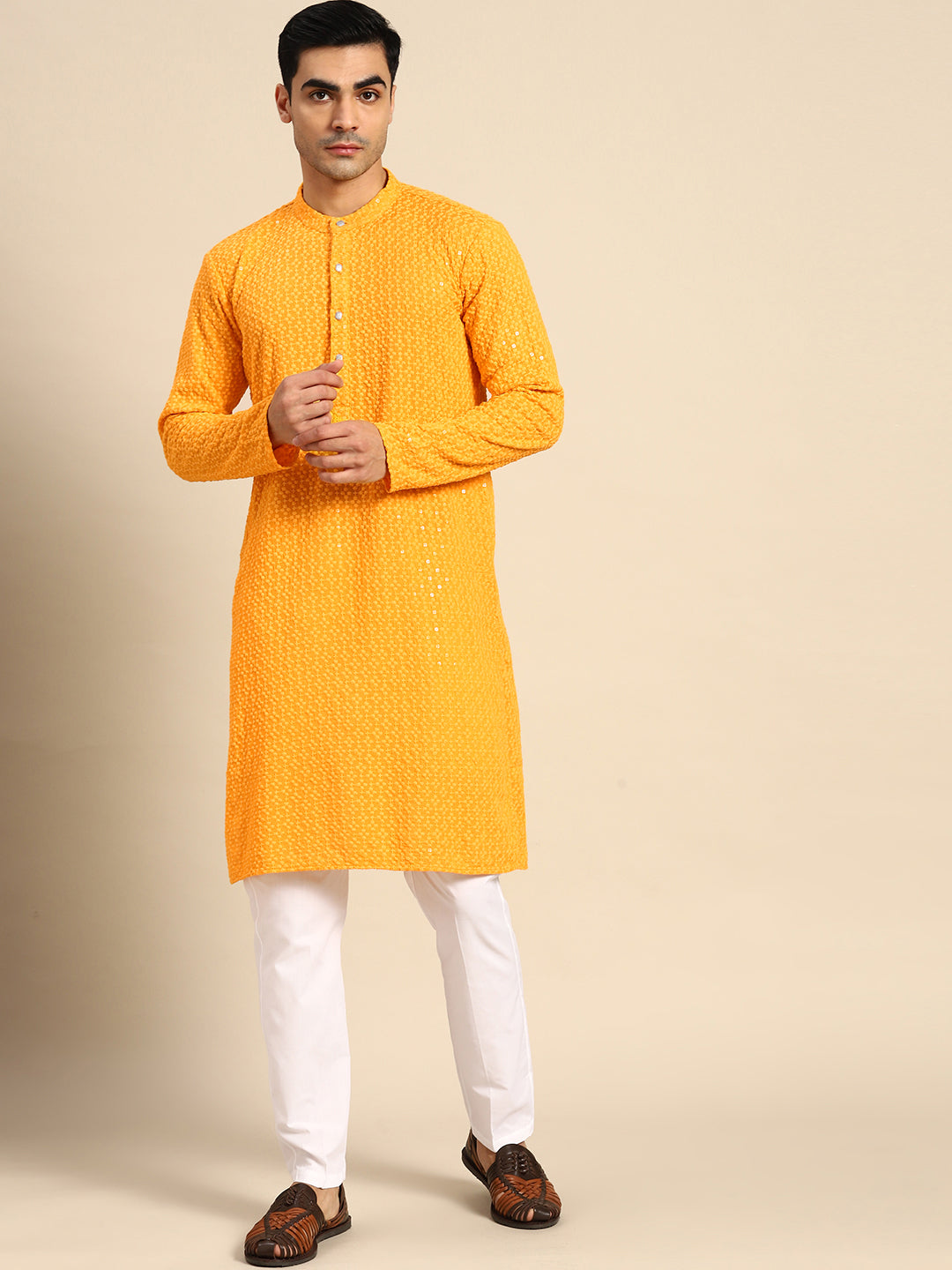 Men's Yellow Embroidered With Sequinned Pure Cotton Kurtas ( ANMKO 105Yellow )